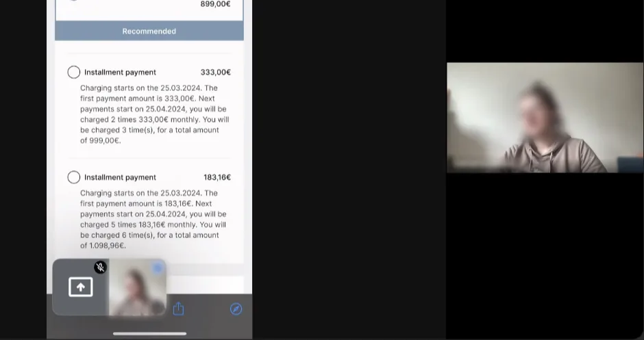 Usability testing screen